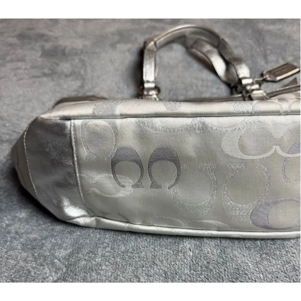 Coach Silver Metallic Signature Jacquard Tote Shoulder Bag Pink